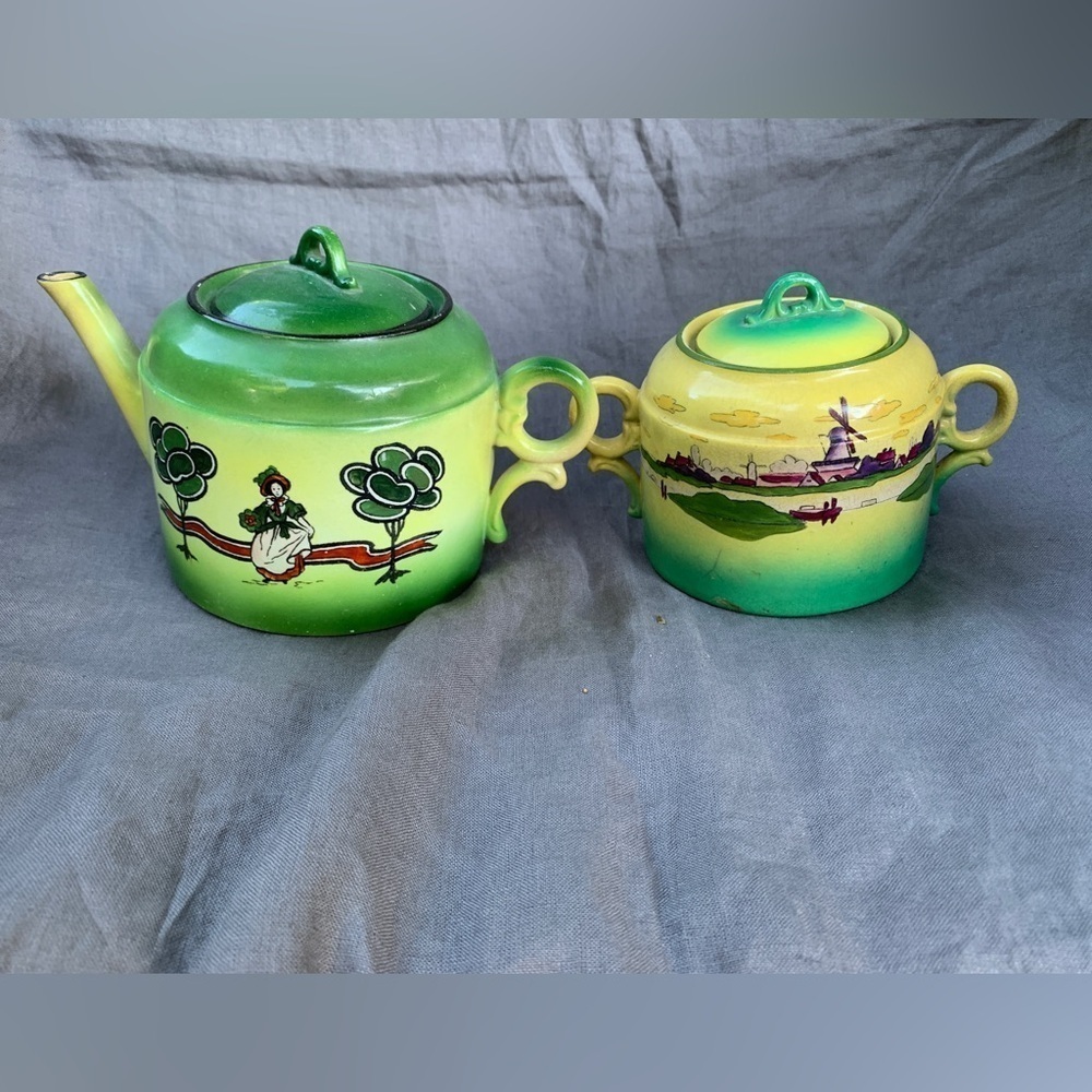 Antique Haynes Ware Gainsborough Tea Pot & Sugar Bowl - Victorian Man & Women